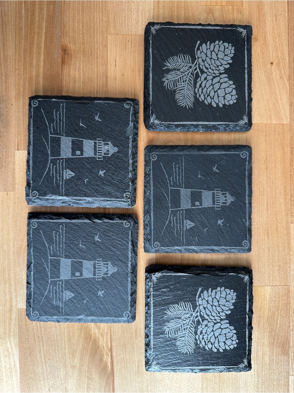 Set of 5 Black Slate Coasters with Lighthouse & Pinecone Engravings- Maine Made